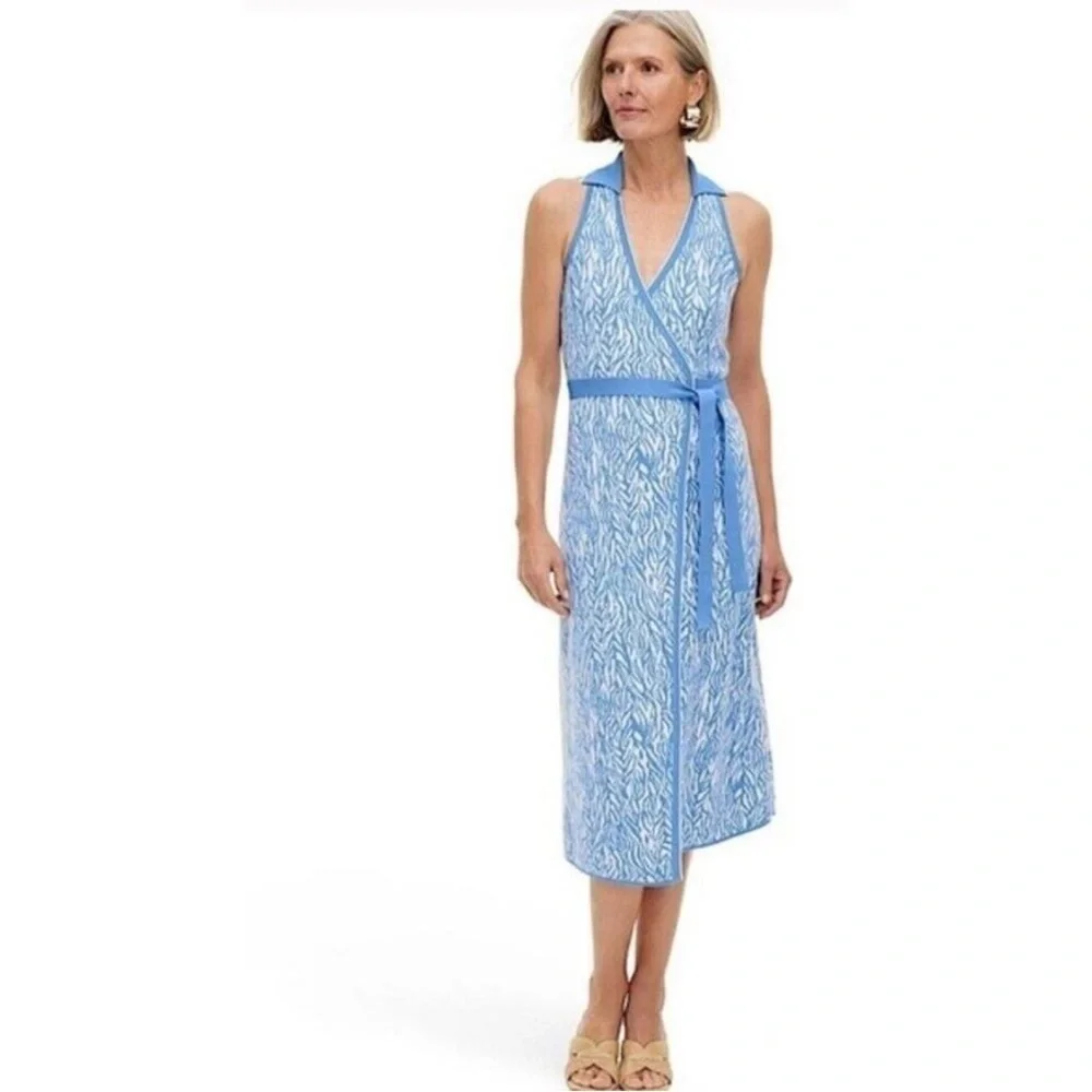 Collared Sleeveless Sea Twig Blue Midi Wrap Dress - DVF for Target XL NEW